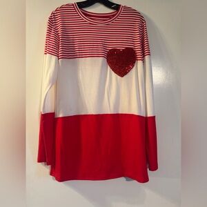 NWOT Red and White Striped long sleeve Shirt with sequin Heart Patch